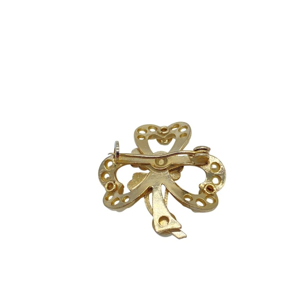 Vintage Gold-Tone Shamrock Brooch With Faux Pearls & Rhinestone Flowers - Picture 2 of 9